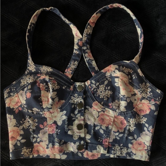 Floral Denim Corset Crop Top - Picture 1 of 3